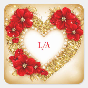 🌸 Glitter Heart Flowers Romantic Wedding Decor Square Sticker
