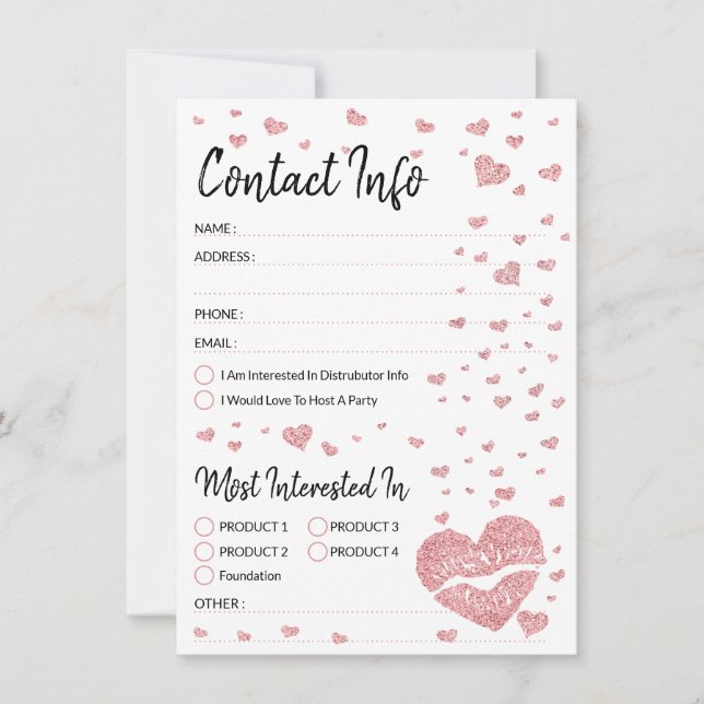 Glitter heart pink lips Contact Info Wish List (Front)