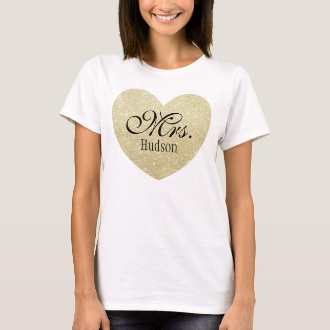 Glitter Heart-Print Personalised Mrs T-Shirt (Front)