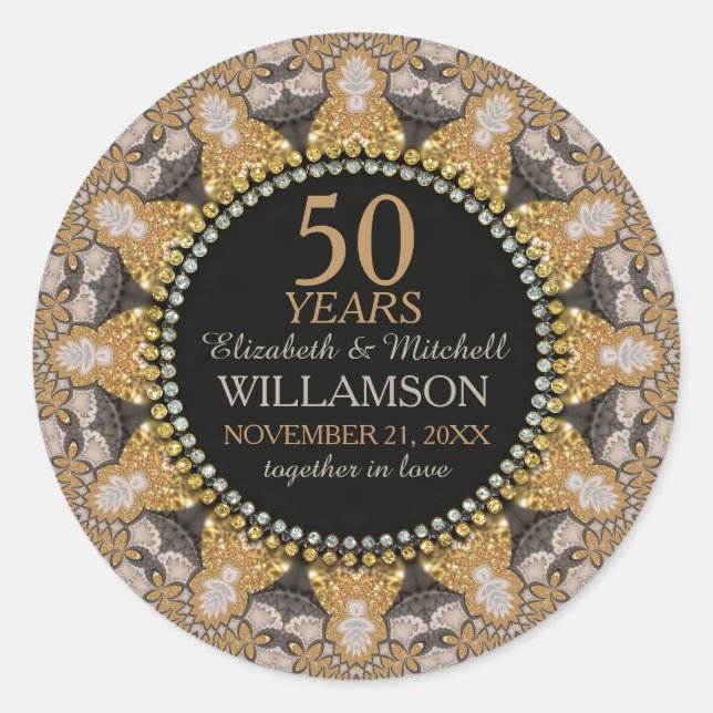 Glitter Hearts Lace Golden Wedding Anniversary Classic Round Sticker (Front)