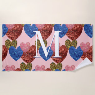 Glitter Hearts Modern Glam Pink Monogram Beach Towel