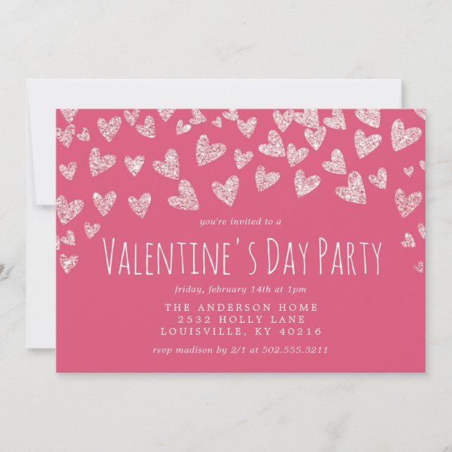 Glitter Hearts Pink Valentine's Day Party Invitation (Front)