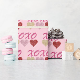Glitter Hearts with Hugs and Kisses on Pink Wrapping Paper