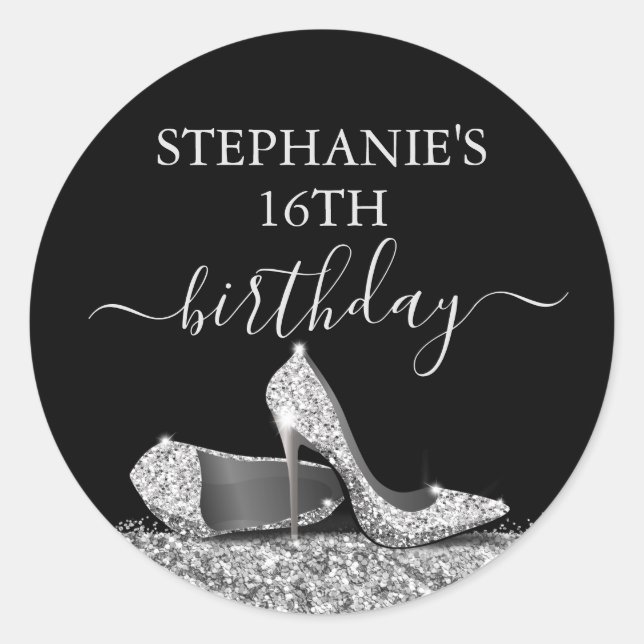 Glitter High Heel 16th Birthday Silver Favour  Classic Round Sticker (Front)