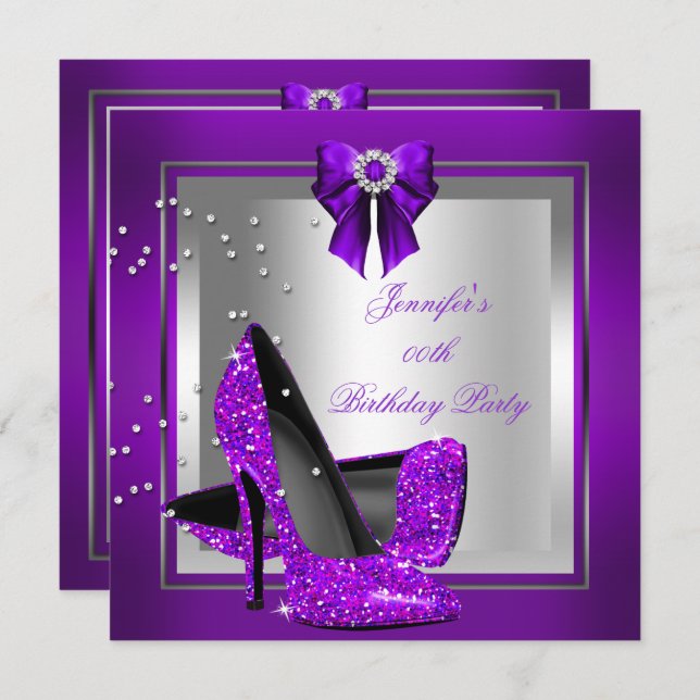 Glitter High Heel Shoe Silver Purple Birthday Invitation (Front/Back)