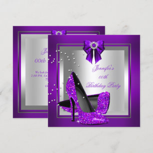 Glitter High Heel Shoe Silver Purple Birthday Invitation