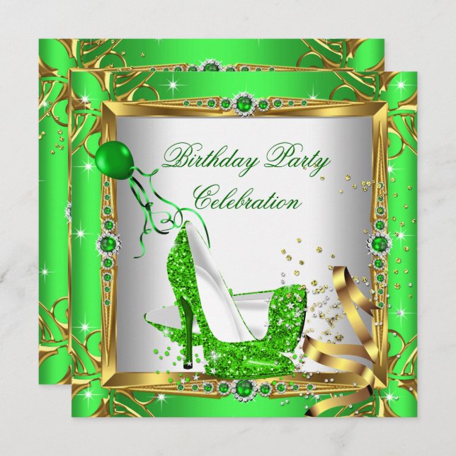 Glitter High Heel Shoes Lime Green Gold Party Invitation (Front/Back)