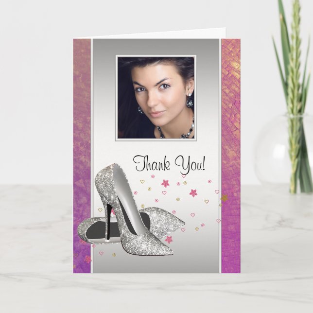 Glitter HIgh Heel Shoes Photo Thank You Cards (Front)