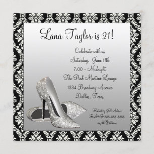 Glitter High Heels Black Damask Birthday Party Invitation
