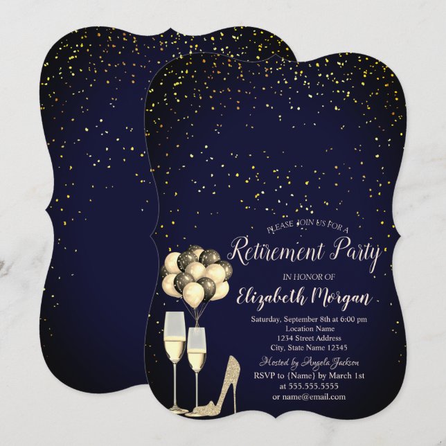 Glitter High Heels, Confetti Blue Retirement Party Invitation (Front/Back)