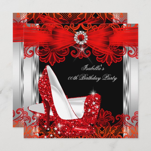 Glitter High Heels Red Lace Diamond Silver Party Invitation (Front/Back)