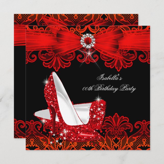Glitter High Heels Red Lace Diamond Stiletto Shoe Invitation (Front/Back)