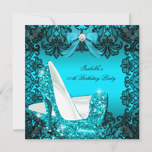 Glitter High Heels Teal Bow Black Lace Diamond Invitation (Front)