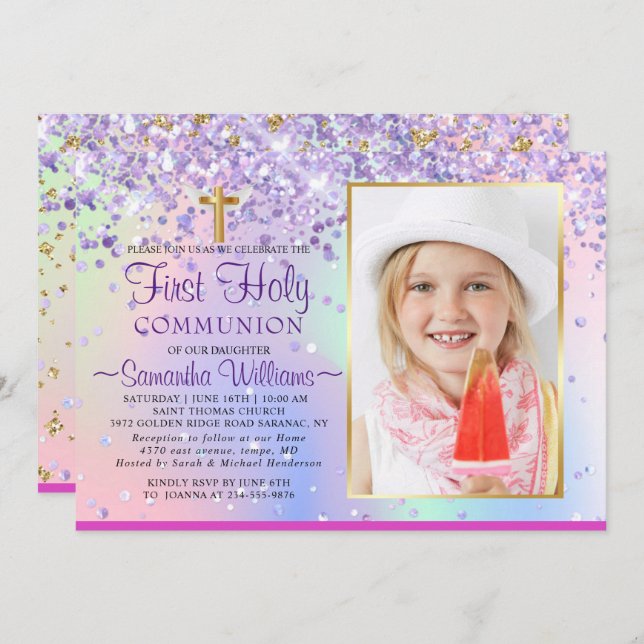 Glitter Holographic Photo First Communion  Invitation (Front/Back)