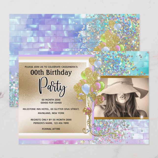 Glitter holographic pink gold confetti girls party invitation (Front/Back)