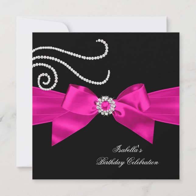 Glitter Hot Pink Diamond Bow Black Birthday Party Invitation (Front)