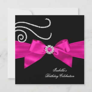 Glitter Hot Pink Diamond Bow Black Birthday Party Invitation