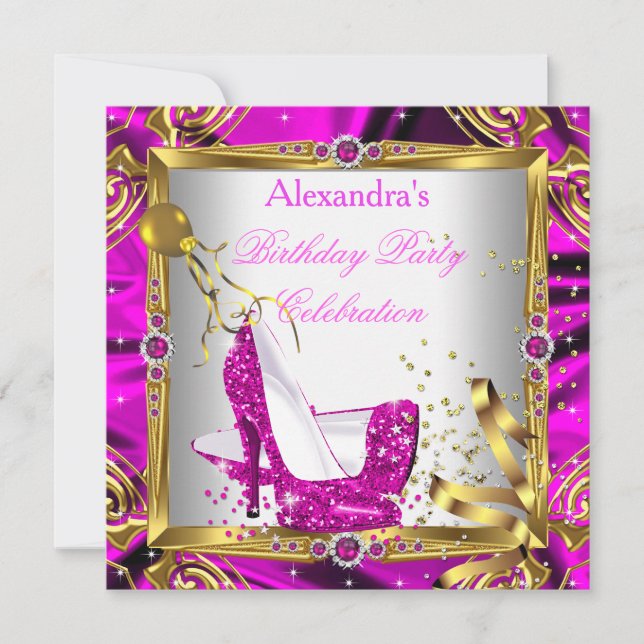 Glitter Hot Pink High Heel Shoes Gold White Silk Invitation (Front)