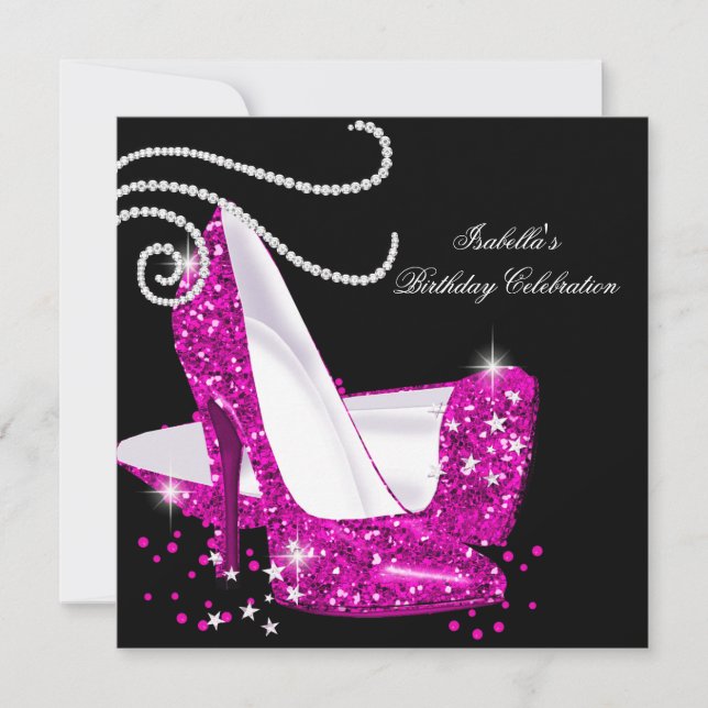 Glitter Hot Pink High Heels Black Birthday Party Invitation (Front)