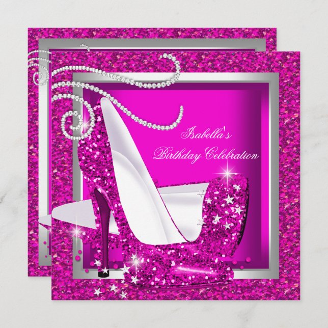 Glitter Hot Pink High Heels Luxury Birthday Party Invitation (Front/Back)