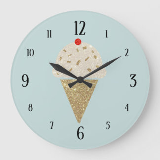 Glitter Ice Cream Cone Red Cherry on Blue Large Clock