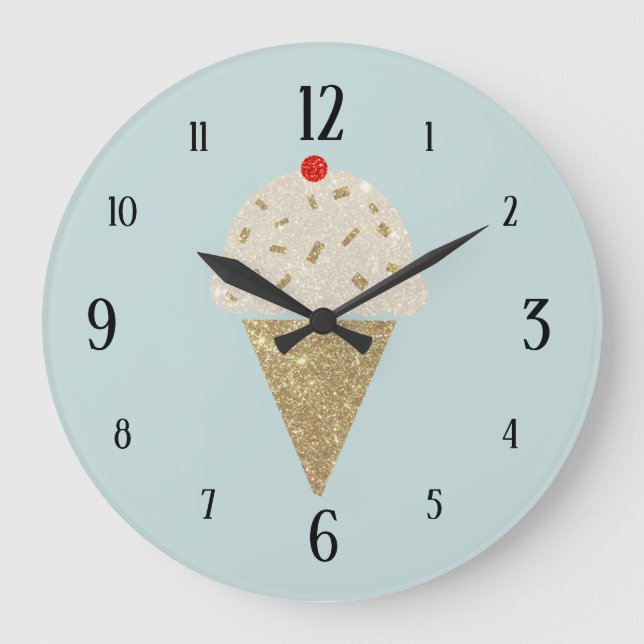 Glitter Ice Cream Cone Red Cherry on Blue Large Clock (Front)