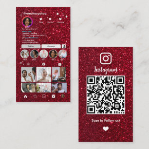 Glitter Instagram Modern Red QR Code Social Media Business Card
