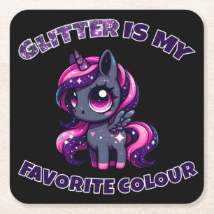 Glitter is my favourite colour cute pony unicorn square paper coaster
