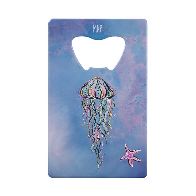 *~*  Glitter Jelly Fish Star Fish Blue Watercolor (Front)