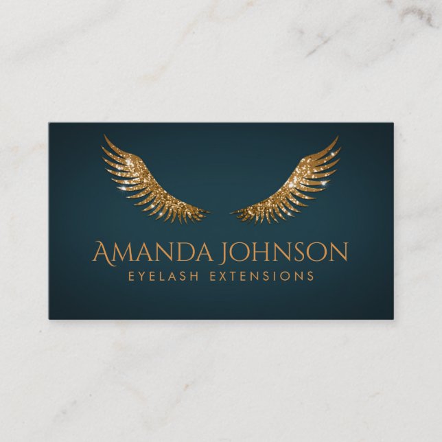 Glitter Lashes Gold Wings Dark Blue Card (Front)