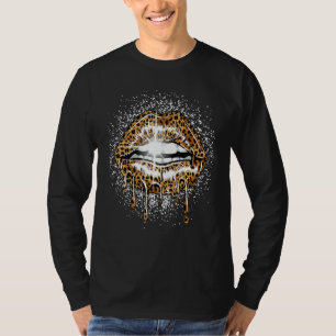 Glitter Leopard Dripping Lips Womens Cheetah Print T-Shirt