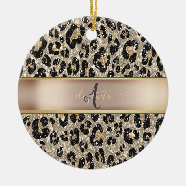 Glitter Leopard Pattern Monogram   Ceramic Tree Decoration (Front)