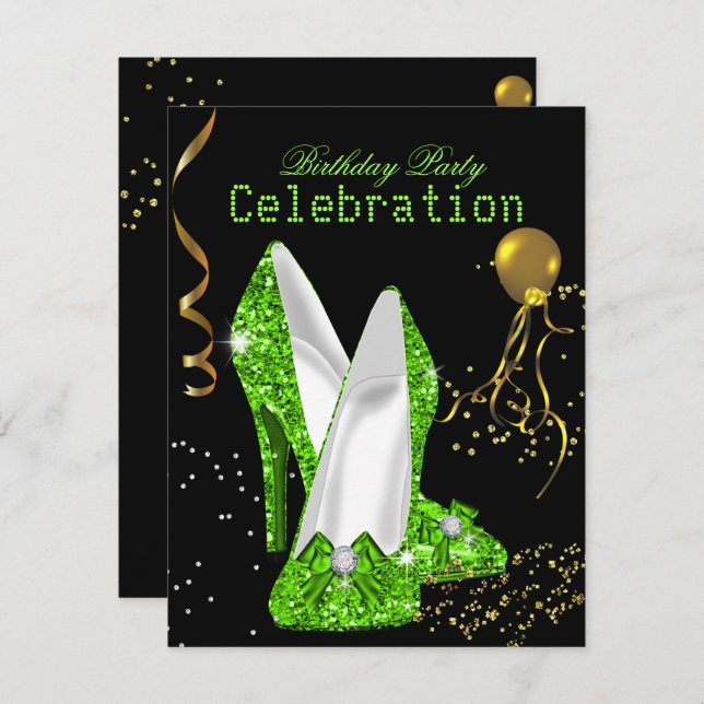 Glitter Lime Green Gold Birthday Party Celebration Invitation (Front/Back)