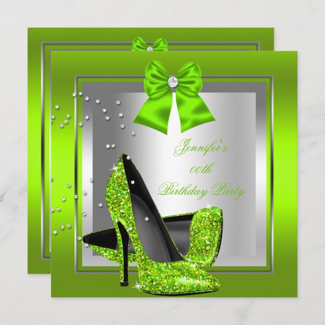 Glitter Lime Green High Heel Birthday Party Invitation (Front/Back)
