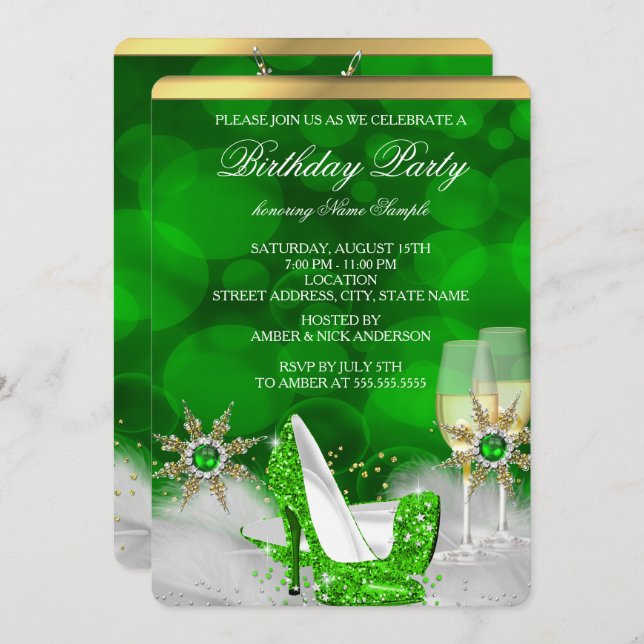 Glitter Lime Green High Heel Shoes Gold Champagne Invitation (Front/Back)