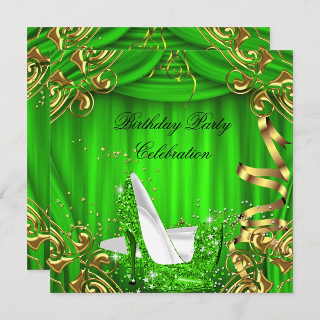 Glitter Lime High Heels Gold Silk Birthday Party Invitation (Front/Back)