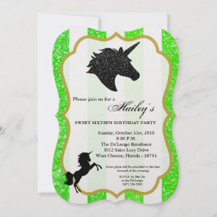 Glitter Lime Unicorn Sweet 16 Birthday Invite