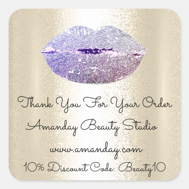 Glitter Lips Thank You Shopping Discount Code Gold Square Sticker (Front)