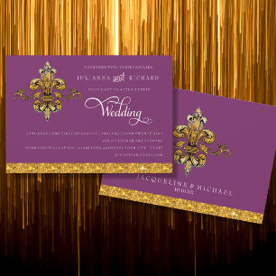 Glitter Look Faux Gold Black Formal Fleur de Lis Invitation