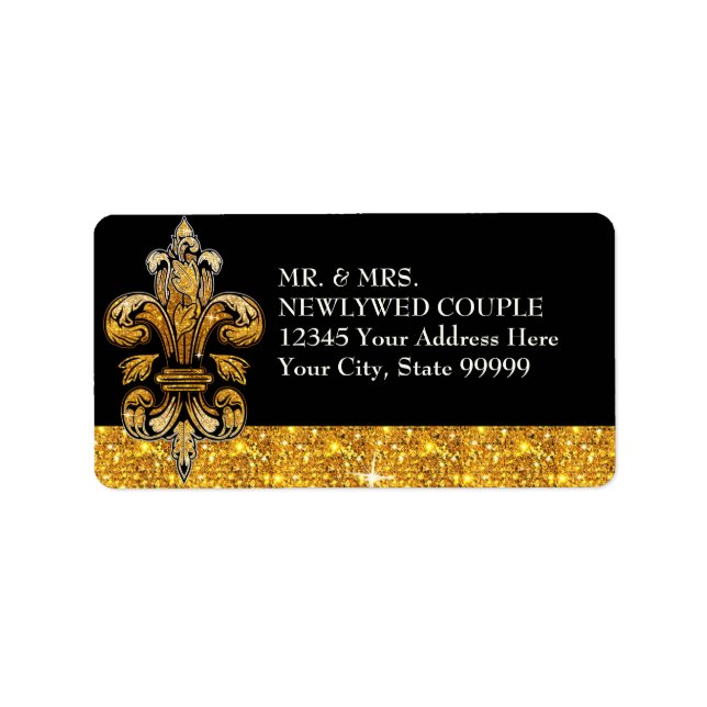Glitter Look Faux Gold Black Formal Fleur de Lis Label (Front)
