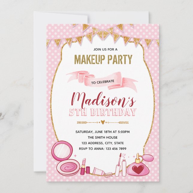 Glitter makeup birthday party invitation (Front)