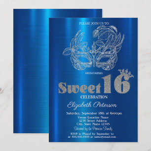 Glitter Mask Blue Metallic Sweet 16 Invitation