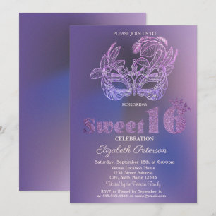 Glitter Mask Violet  Sweet 16 Invitation