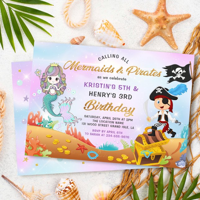 Glitter Mermaid And Pirate Under The Sea Birthday Invitation (Creator Uploaded)