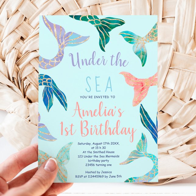 Glitter mermaid gold glitter blue 1st birthday invitation (Creator Uploaded)