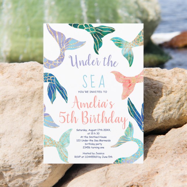 Glitter mermaid gold glitter pastel 5th birthday invitation (Glitter mermaid gold glitter pastel 5th birthday invitation)