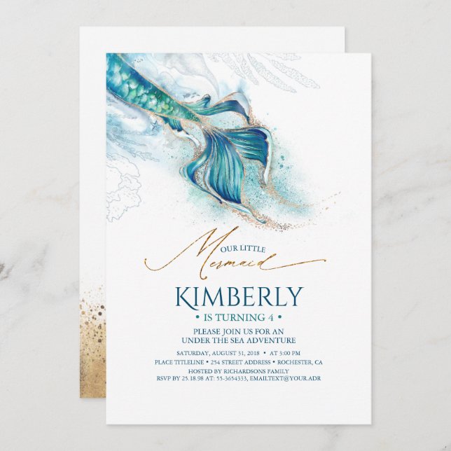 Glitter Mermaid Invitation Under the Sea Party (Front/Back)