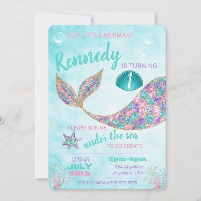 Glitter Mermaid Invitation, Under the Sea Party, Invitation (Front)