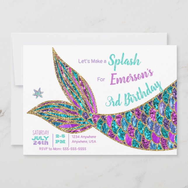 Glitter Mermaid Invitation, Under the Sea Party, Invitation (Front)