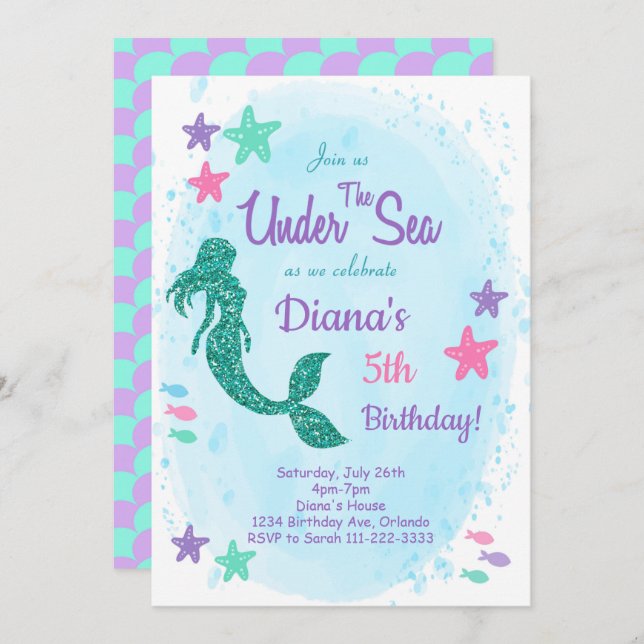 Glitter Mermaid Under the Sea Birthday Invitation (Front/Back)